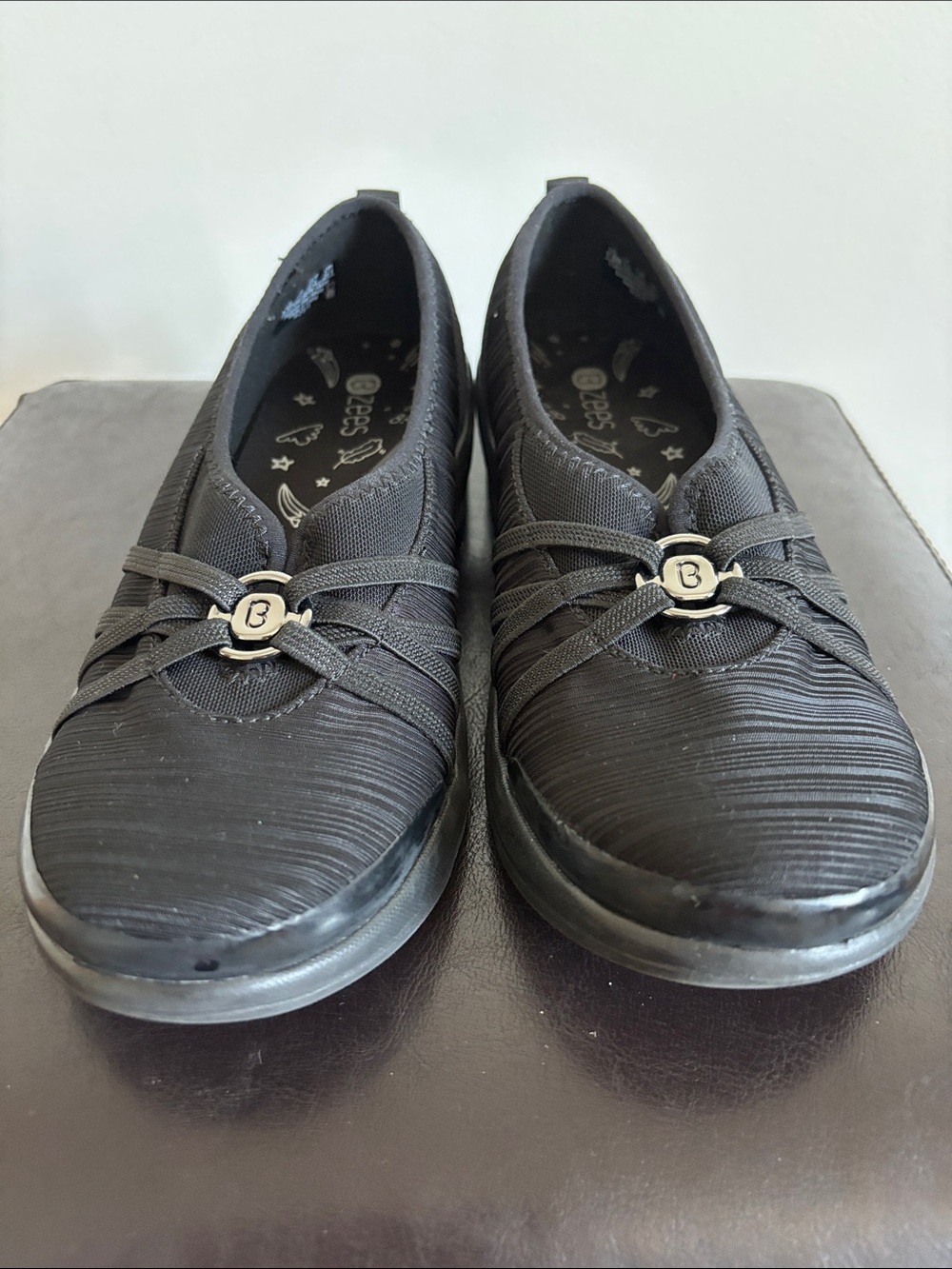 Bzees Black Casual Slip-On Women’s Shoes with Decorative Emblem